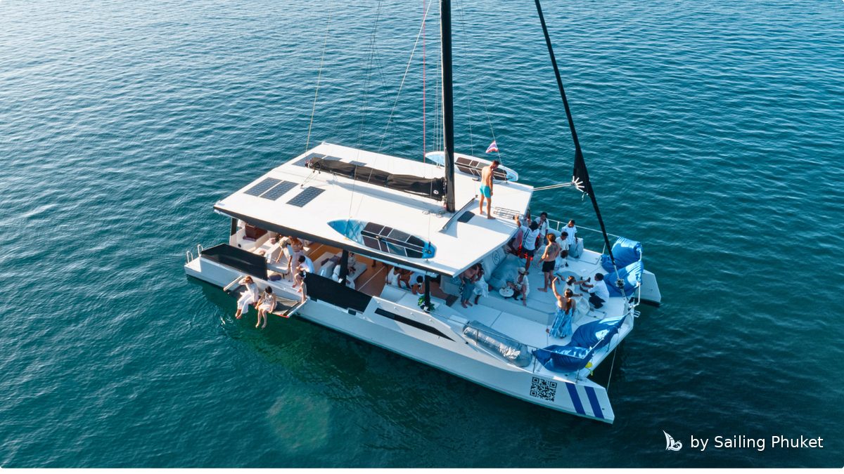 Aerial view of a catamaran on turquoise water