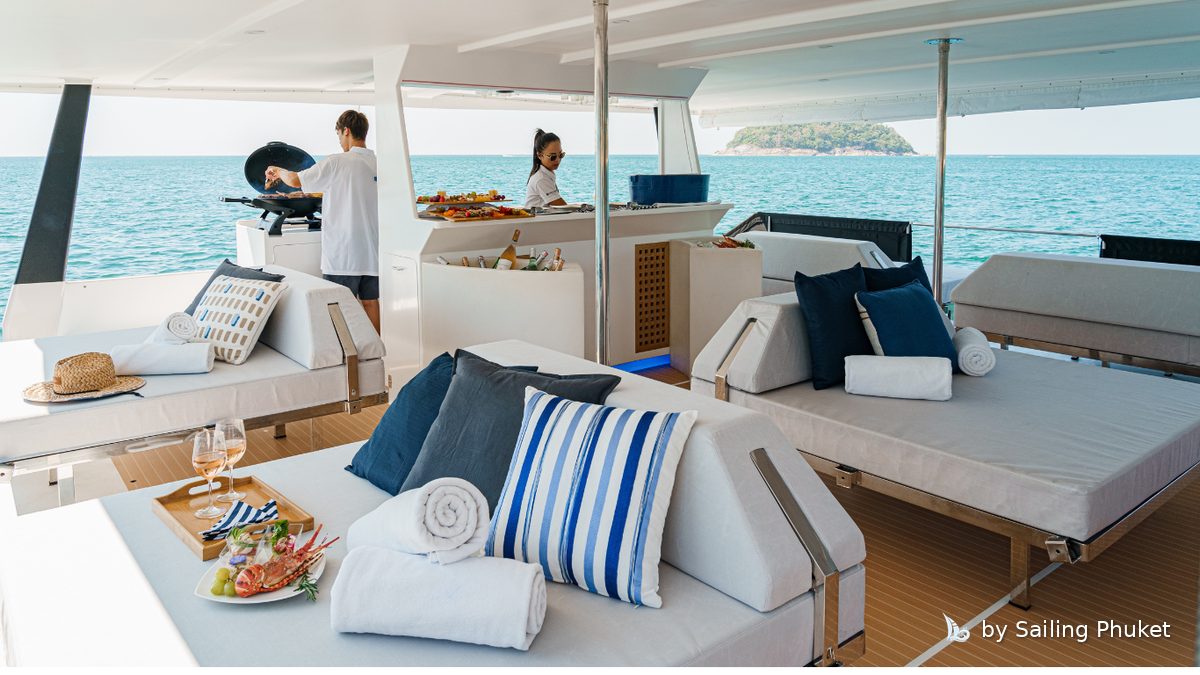 Sun loungers on a catamaran foredeck