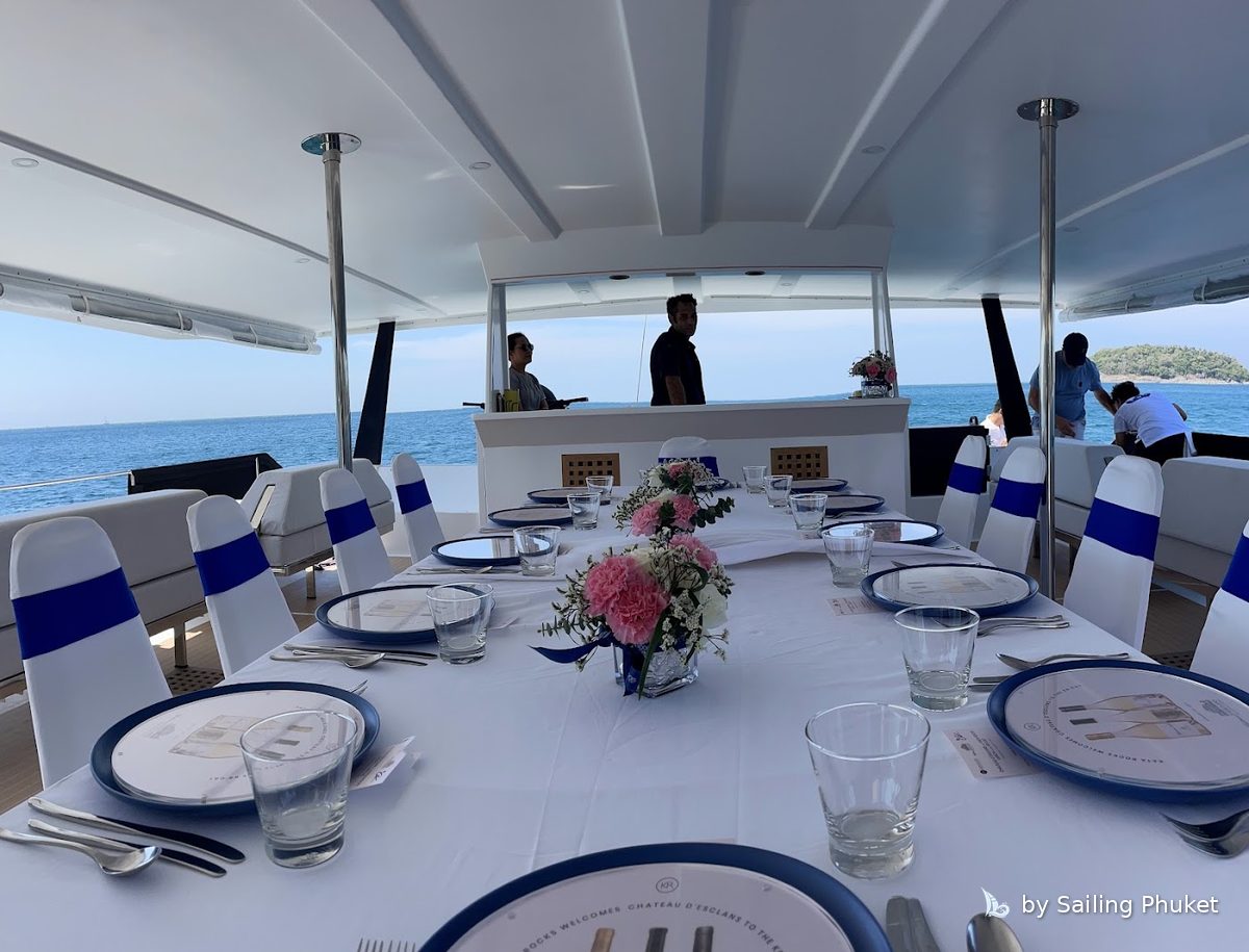 Dining table set on a yacht deck