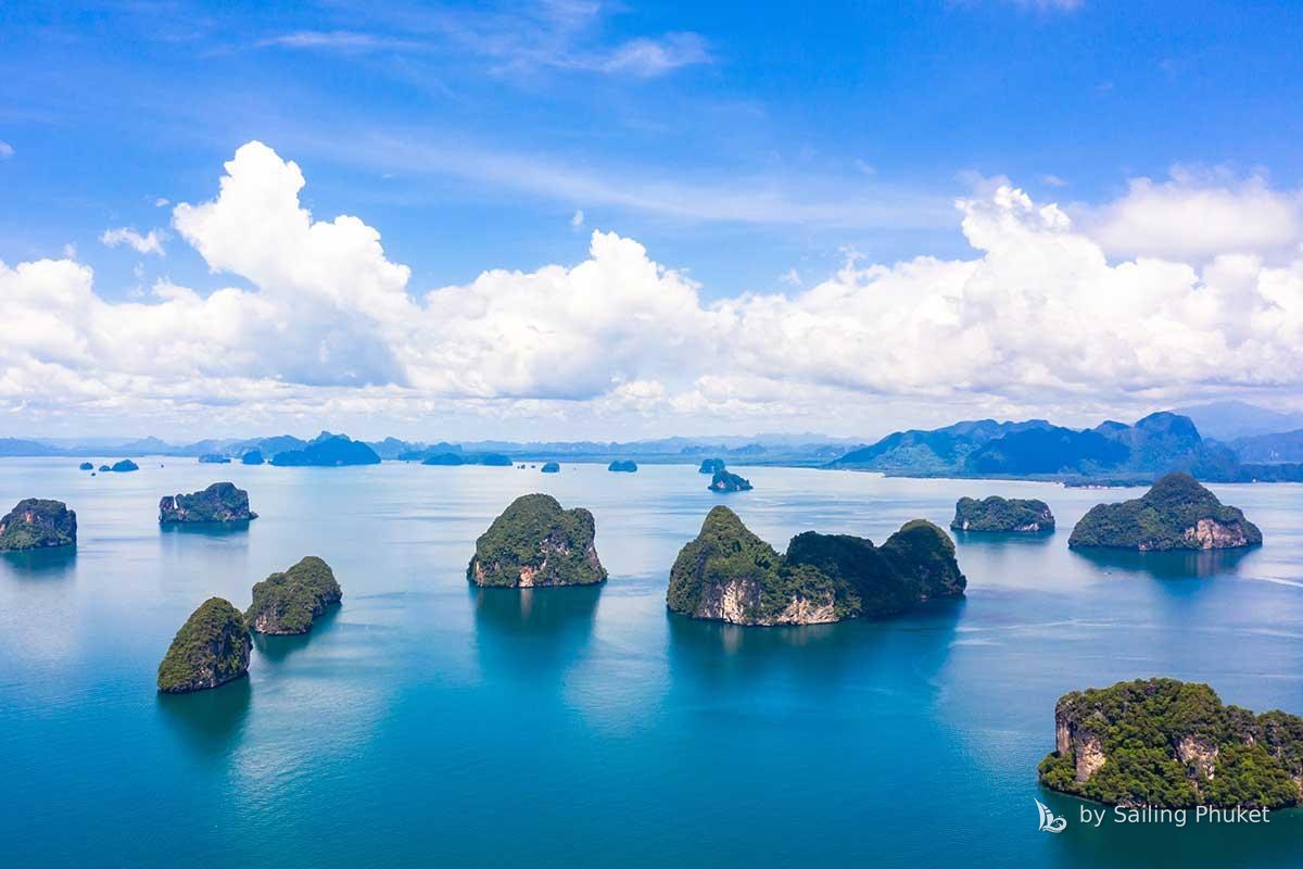 Limestone karsts scattered across Phang Nga Bay