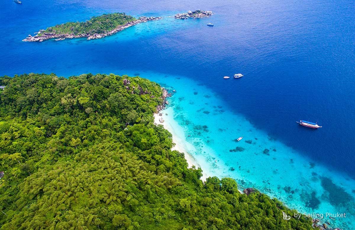 Aerial view of a white beach in the Similan Islands
